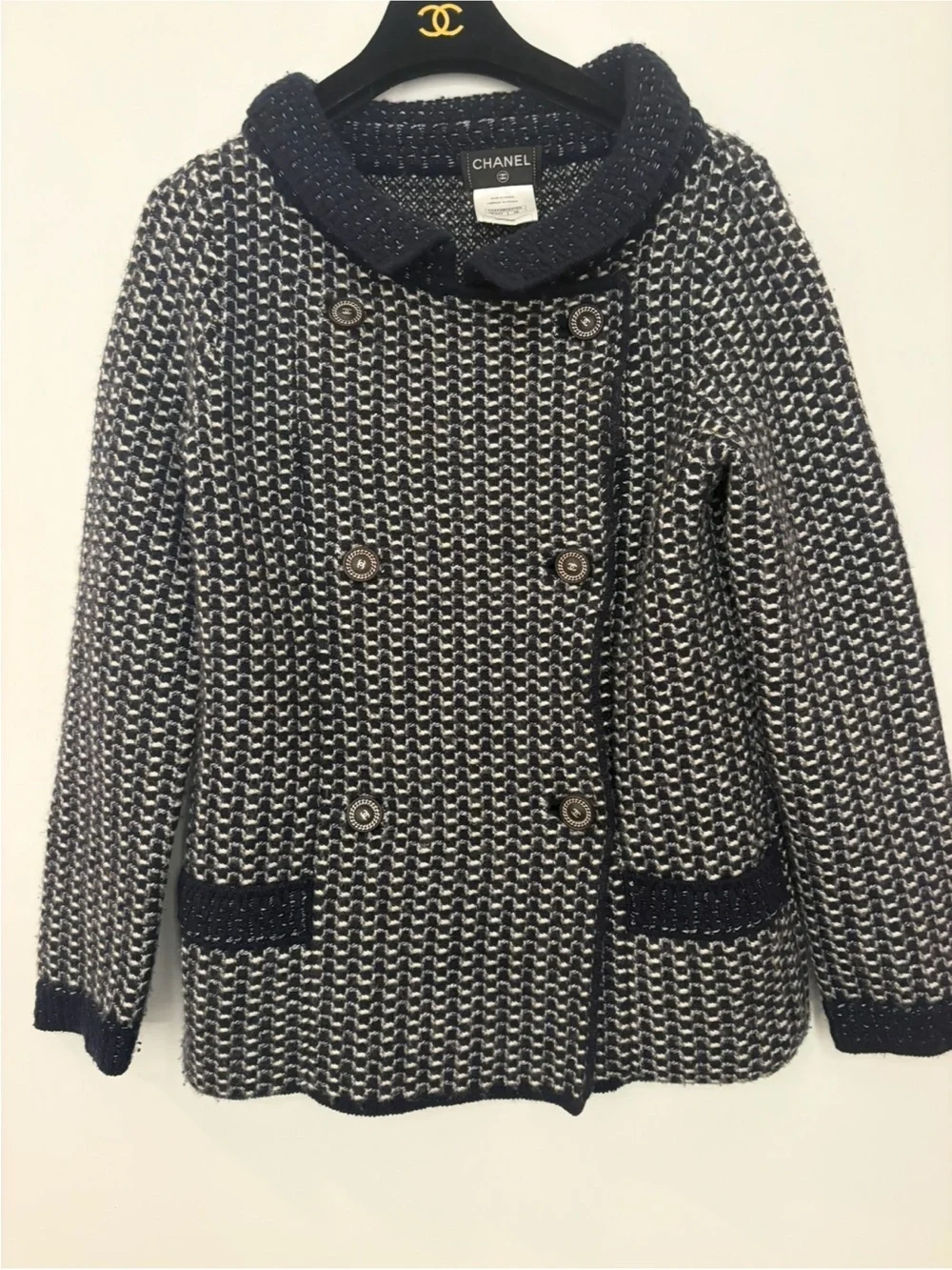 CHANEL Navy and Cream Cashmere Double-Breasted Pea Coat